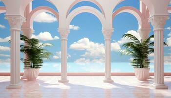 Cloudy Minimalist Stage with 3D Arch and Trees AI generated photo