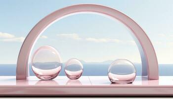 Cloudy Minimalist Stage with 3D Arch and Trees AI generated photo