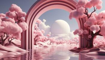 Cloudy Minimalist Stage with 3D Arch and Trees AI generated photo