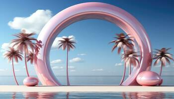 Cloudy Minimalist Stage with 3D Arch and Trees AI generated photo