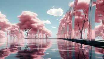 Simplified 3D Arch with Trees and Cloudy Backdrop AI generated photo