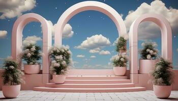 Simplified 3D Arch with Trees and Cloudy Backdrop AI generated photo