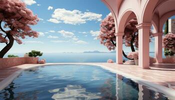Simplified 3D Arch with Trees and Cloudy Backdrop AI generated photo