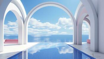 Simplified 3D Arch with Trees and Cloudy Backdrop AI generated photo