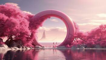 Simplified 3D Arch with Trees and Cloudy Backdrop AI generated photo