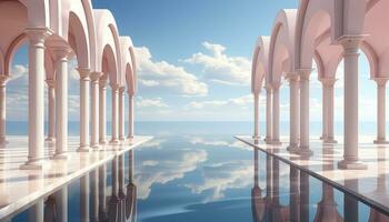 Simplified 3D Arch with Trees and Cloudy Backdrop AI generated photo