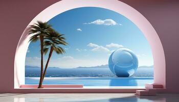 Simplified 3D Arch with Trees and Cloudy Backdrop AI generated photo