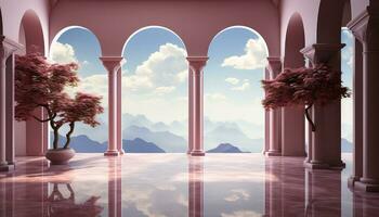 Simplified 3D Arch with Trees and Cloudy Backdrop AI generated photo