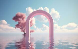 etapa conjunto 3d arco, nubes, y minimalista arboles ai generado foto