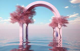 Stage Set 3D Arch, Clouds, and Minimalist Trees AI generated photo