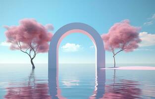 Stage Set 3D Arch, Clouds, and Minimalist Trees AI generated photo