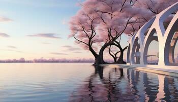 Stage Set 3D Arch, Clouds, and Minimalist Trees AI generated photo