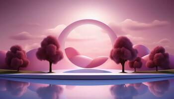 Stage Set 3D Arch, Clouds, and Minimalist Trees AI generated photo