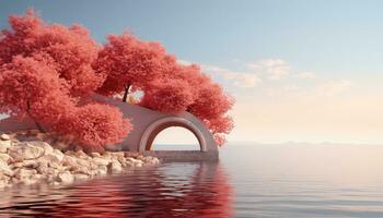 Stage Set 3D Arch, Clouds, and Minimalist Trees AI generated photo