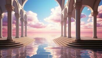 Stage Set 3D Arch, Clouds, and Minimalist Trees AI generated photo