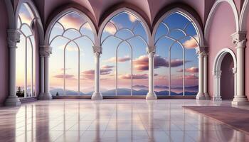 Stage Set 3D Arch, Clouds, and Minimalist Trees AI generated photo
