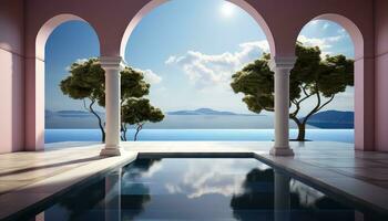 Stage Set 3D Arch, Clouds, and Minimalist Trees AI generated photo
