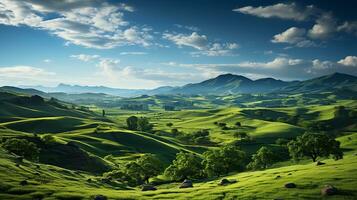 Fresco verde paisaje con cielo y colinas y montañas , ai generado foto