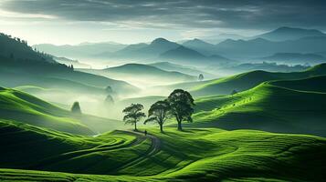 Fresco verde paisaje con cielo y colinas y montañas , ai generado foto