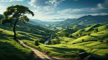 Fresh green landscape with sky and hills and mountains , AI Generated photo