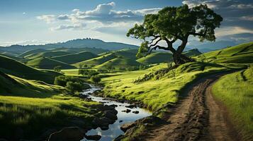 Fresco verde paisaje con cielo y colinas y montañas , ai generado foto