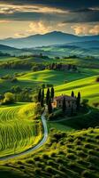 Fresco verde paisaje con cielo y colinas y montañas , ai generado foto