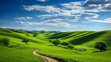 Fresco verde paisaje con cielo y colinas y montañas , ai generado foto