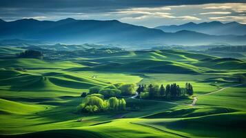 Fresh green landscape with sky and hills and mountains , AI Generated photo