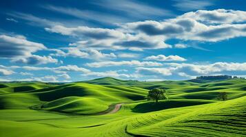 Fresco verde paisaje con cielo y colinas y montañas , ai generado foto