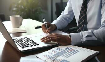 Accountant working on desk using calculator to calculate financial report in office business accounting finance concept AI Generated photo