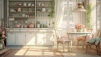 Cozy kitchen. Chabby shic style. Pastel colors. AI Generated photo