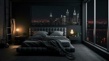 Black monochrome bedroom. Minimalism. AI Generated photo