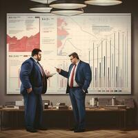 Plus-size managers. Men is showing graphs to another man. AI Generated photo