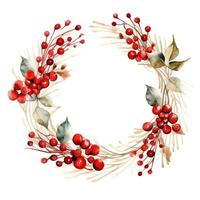 Christmas wreath of red berries and leaves. Watercolor illustration. AI Generated photo