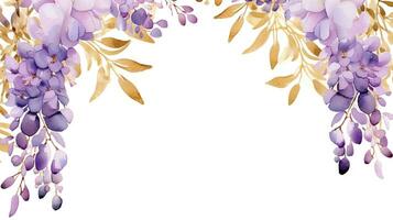 Watercolor wisteria with gold leaves, frame on white background with copy space. AI Generated photo