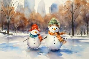 Watercolor postcard with happy couple of snowmen skating in snowy park in New York. Cute Character. AI Generated photo