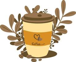 A cup for coffee with leaves, simple flat graphics for cafe, cafe, Vector illustration