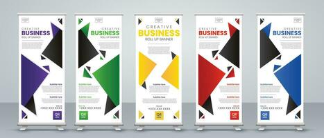 roll up banner design for events, presentations, annual meetings, banners, marking, sales, with dark and light modes with print ready red, purple, green and blue colors vector