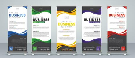 roll up banner design for events, presentations, annual meetings, banners, marking, sales, with dark and light modes with print ready red, purple, green and blue colors vector