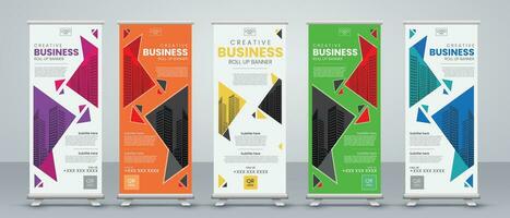 roll up banner design for events, presentations, annual meetings, banners, marking, sales, with dark and light modes with print ready red, purple, green and blue colors vector