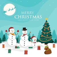 Vector hand draw Christmas background with snowman family in winter