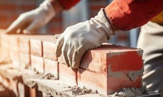 close up of a worker's hands putting red bricks on a wall AI Generated photo