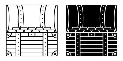 square icon open treasure chest inside. Gold ingots in a pirate chest. Black and white vector vector