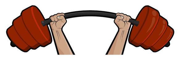 Strong hands hold heavy barbell overhead. Motivation for athletes, emblem for gym. Cartoon vector on blank background