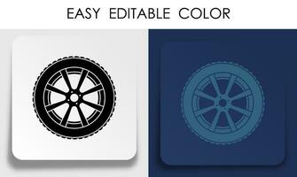 car wheel icon with tire on paper square sticker with shadow. Driving on slippery road. Driving safety. Vector