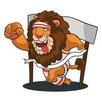 Cartoon lion finishing race vector illustration
