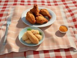 Fried chicken served on a pastel picnic blanket with space for text, background image, AI generated photo