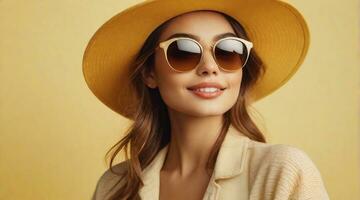 selfie de un hermosa niña vistiendo sombrero y Gafas de sol en contra ligero amarillo antecedentes con espacio para texto, antecedentes imagen, ai generado foto