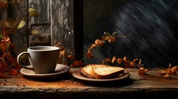 hot coffee and breads in background with leaves, in the style of distressed and weathered surfaces, background image, AI generated photo