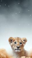 Textured background surrounded by cute lion cubs, background image, vertical format, generative AI photo